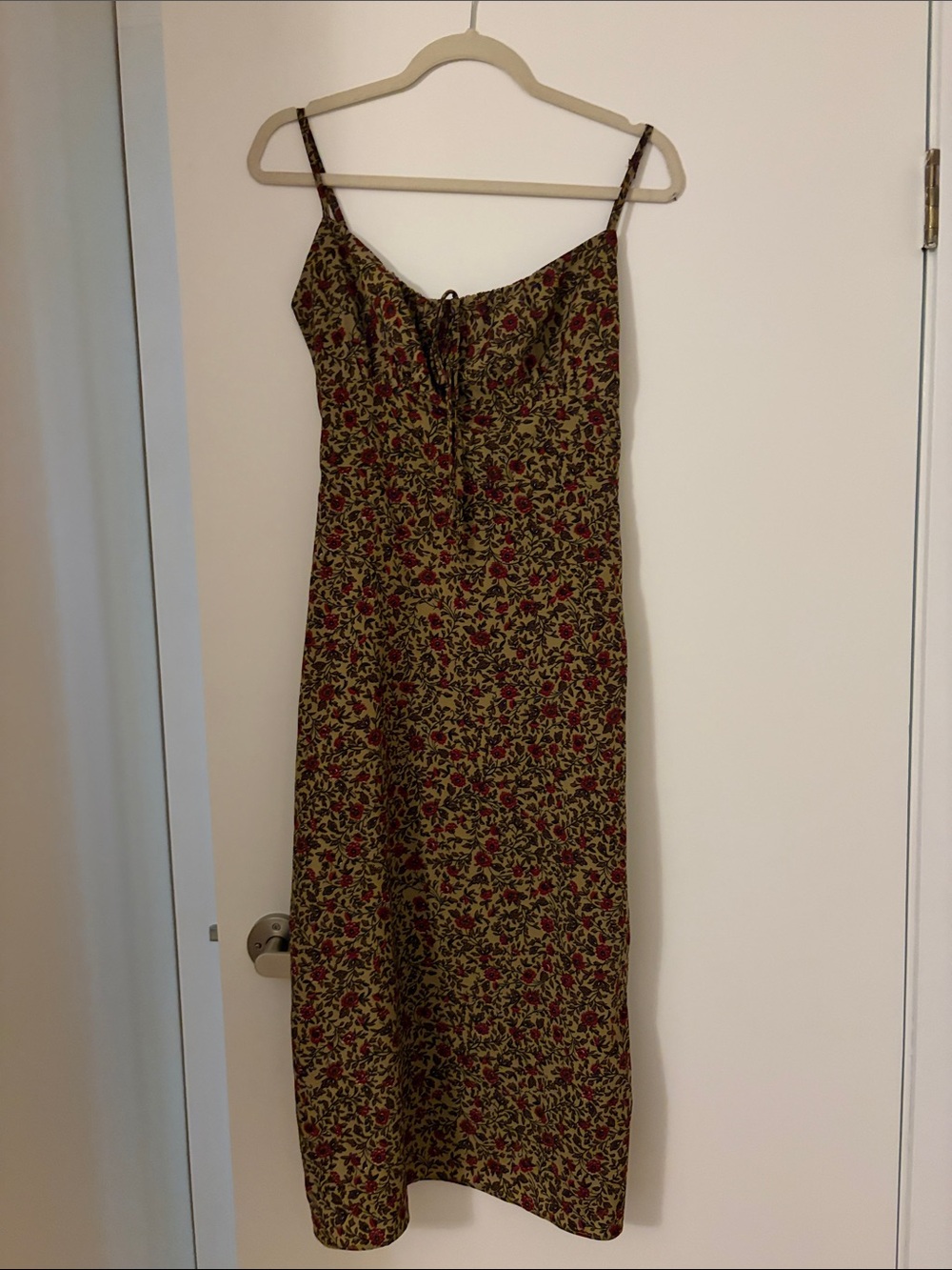 Floral Midi Slip Dress in Olive with Burgundy Accents